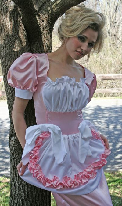 Long Swiss Maid Hobble Dress Costume Sissy Satin Bows Ruffles Apron