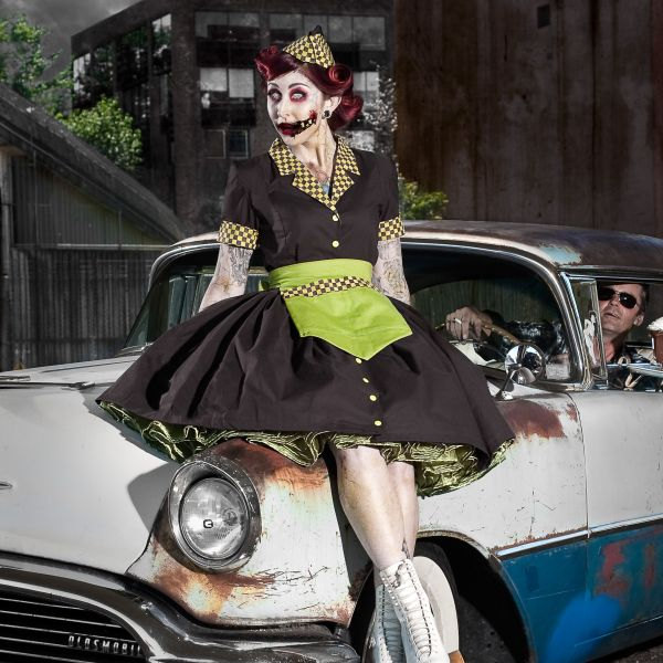 Zombie Car Hop Costume Retro 50s Waitress Dress Apron And Hat